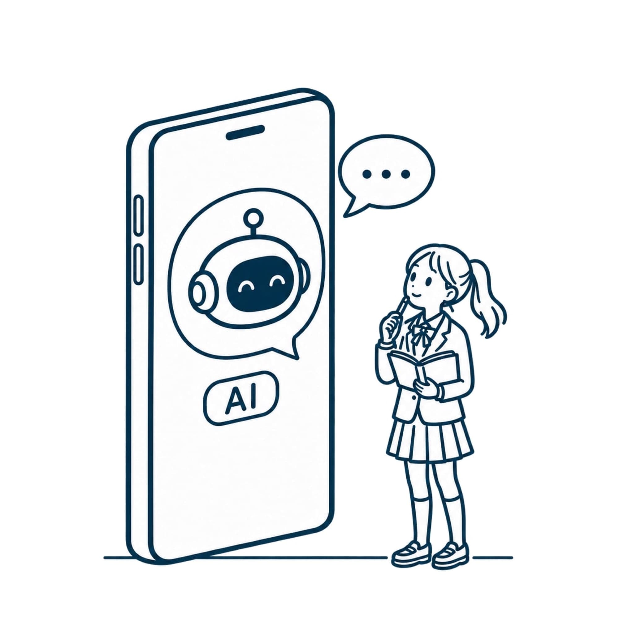 スマートフォンの画面のAIを見上げながら、本を手に考える生徒のイラスト