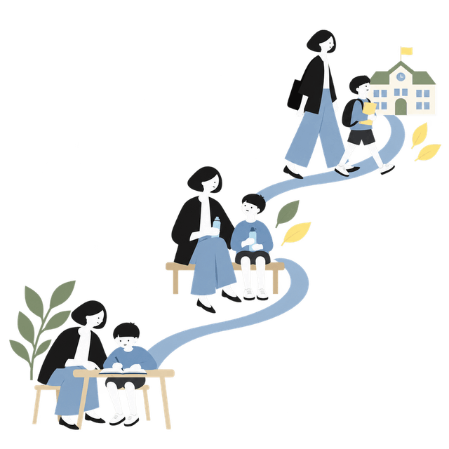 親子で学校へ向かう道のりを描いたイラスト